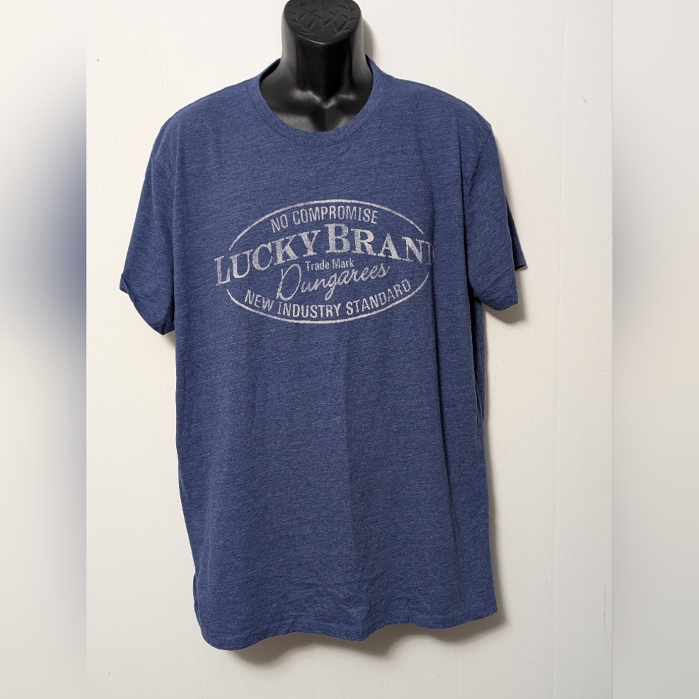 Men's Lucky Brand Shirt Blue Logo Spell Out Short Sleeve T Shirt Size XL